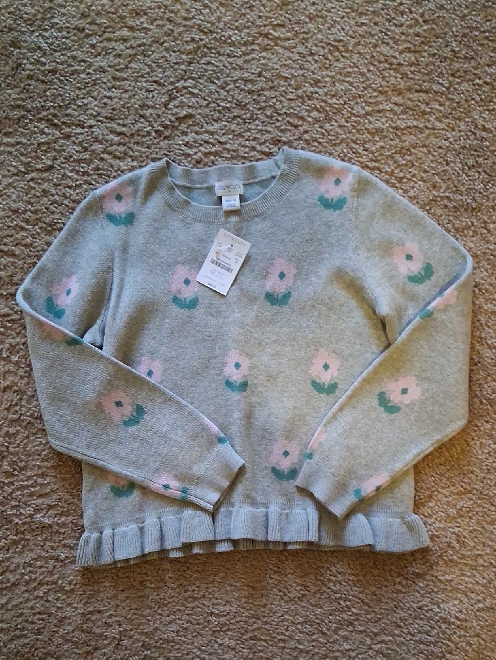 J. Crew Girls 100% Cotton Light Gray Sweater  Pink Floral Pattern Ruffled Hem